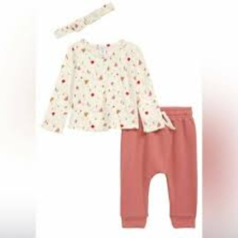 Nordstrom Babies 3Pc Printed Long Sleeve Headband & Pants Set Ivory Peach 9M NWT